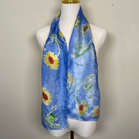 Vintage Hand Painted Silk Neck Hair Purse Scarf Blue Sunflower Floral Boho Artsy - Picture 5 of 6